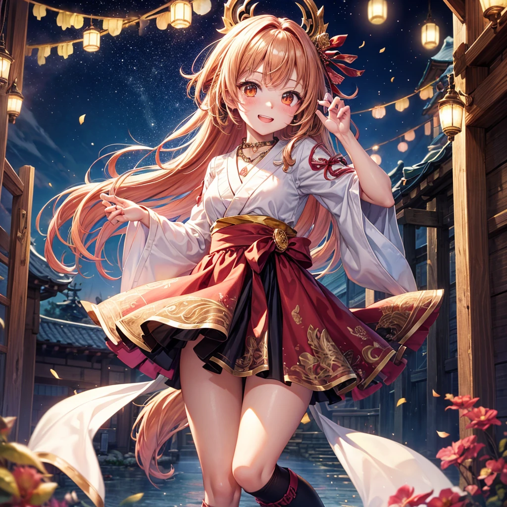Pink, red, brown, gold, gold hair、Red gold eyes、Hair tied up、One good looking girl、solo、anime、Checkered mini skirt、Ruffles on the skirt、Checked dress、blouse、Kimono、Black knee-high socks、Ribbon、Ribbon on waist、Teeth are visible、Sparkly Necklace、From above、Cobblestones、waterfall、Starry Sky、Midnight Moon、suspension bridge、beam、Standing still、Transparent、Dragon flying、goddess、Edo、Confetti、Kicking、Ancient City、Arranging stones