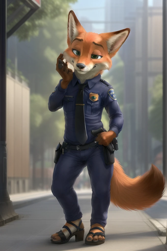 (energetic, by honovy, от zenthetiger, from Sausch), Nick Wilde, Female, Fox, alone, tie, safe, dressed, green eyes, Police uniform,sandals with heels,standing, city, Street, Tokyo, Akihabara, day