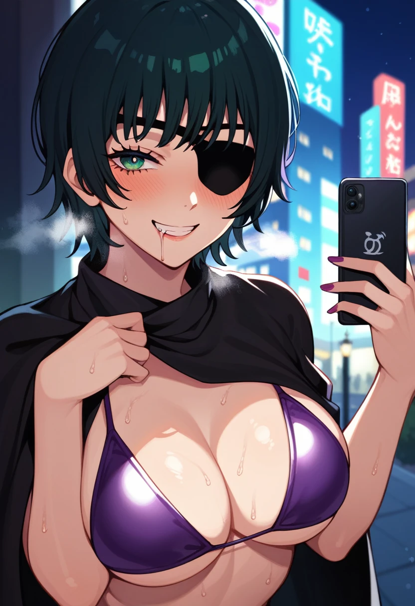 mature female, mature, Adult, himeno, himeno(Chainsaw Man), 1girl, black hair, short hair, eyepatch, solo, blush, phone, octopus symbol, seductive smile, grin, aroused, in heat, nsfw, steam, breath, sweat, drooling, Villains, chest, View your audience, Night town, City, skyscraper, Night, Dark, latex purple bikini under the black cape, masterpiece, Top animation quality,Top image quality,