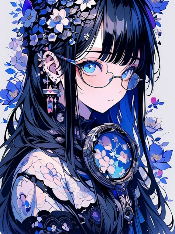 (masterpiece),(Highest quality:1.2),(8K Anime),1 Girl,Beautiful and delicate blue eyes,(Beautiful silky black hair:1.2), black dress with flowers,(Realistic),Detailed skin, Unfairly Beautiful,((Ink painting floral background)),White Theme,Cinema Lighting,Body Shot,High Contrast,Glasses