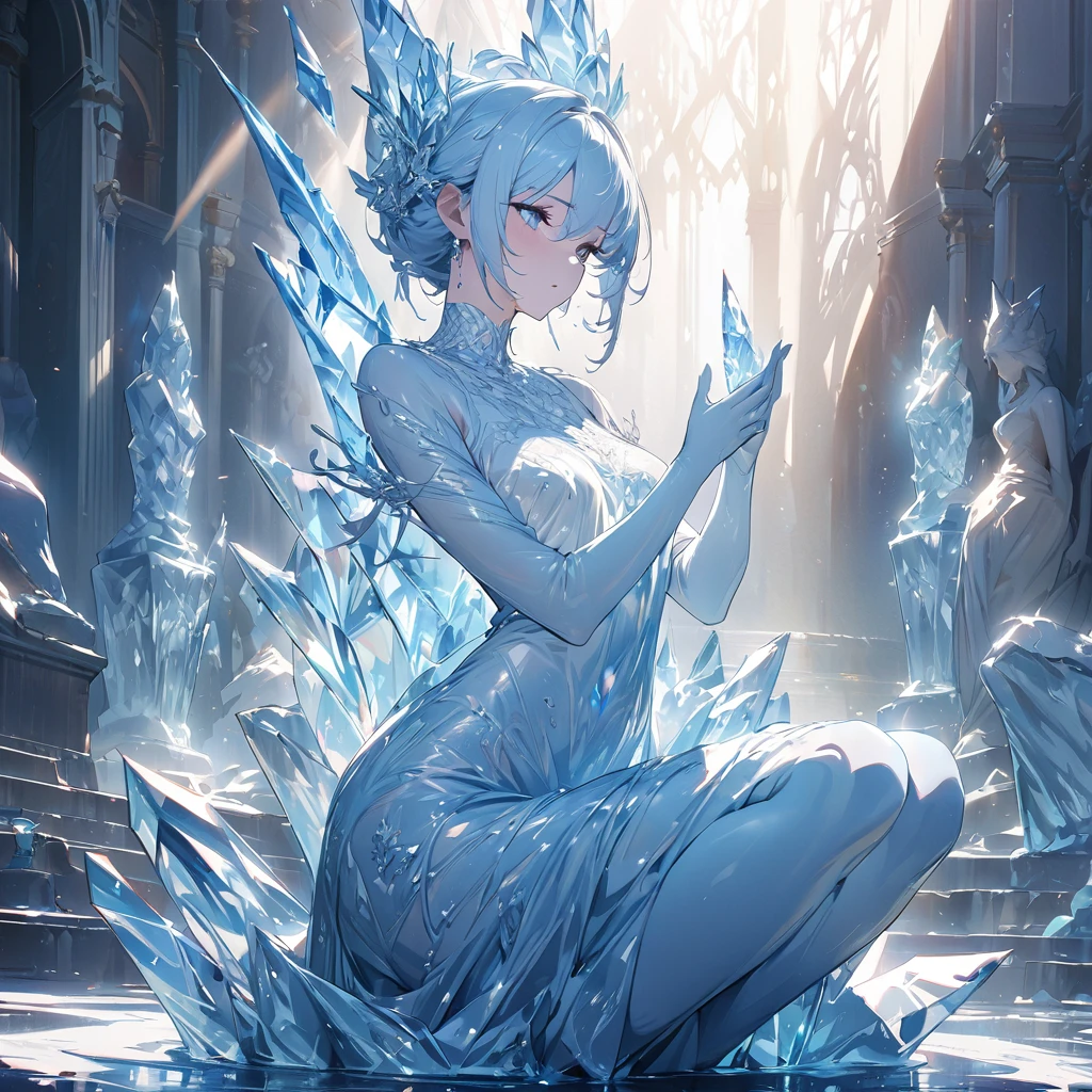 ruined castle,throne,fog,miasma,Slime Girl,slime body,melting body,(Transparent body,Translucent body:1.6),(Vulgar smile,Ridicule,grin,Smirk,smug:1.2),Full body layout,Glowing eyes,tiara,dress,princess,(short fingers,missing hands,missing fingers,missing legs:1.2),fused fingers,detailed face and eyes,