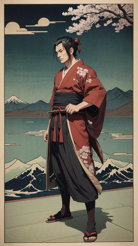 "An Ukiyo-e style image of Tanjiro Kamado from Demon Slayer, depicted in the traditional Japanese woodblock print style. He is standing in a powerful pose with his Nichirin Blade, ready to strike. The background features a classic Japanese landscape with elements like cherry blossoms, mountains, and traditional architecture, enhancing the traditional and dynamic feel of the scene."