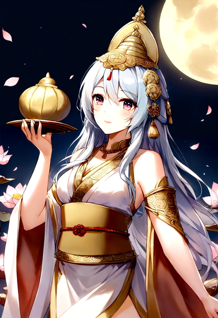 Ancient Japanese Goddess, Kannon of Love, The background is cherry blossoms at night and a huge moon、Inspired by India, Calm expression,Shui Mohua,Buddha,Buddha教徒,Lotus
