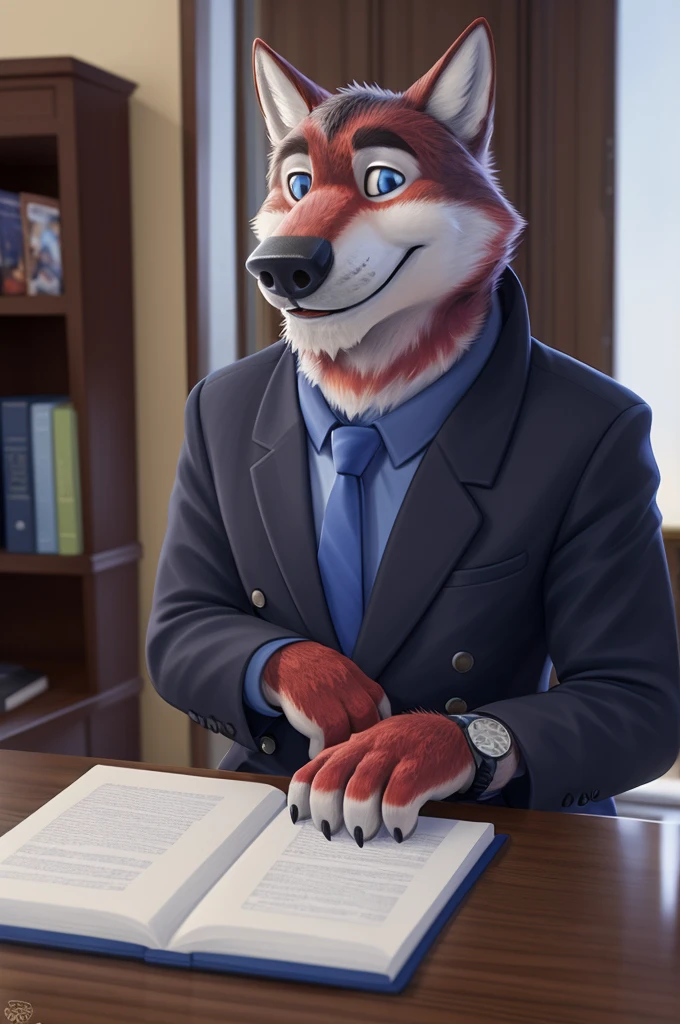 Ivan Fedorovich Wolfbach (Novosibirsk) ,Tall, handsome man, wolf,young, 24 years, brown fur,Kind,(red body:1.3),beautiful blue eyes,Novosibirsk,dressed, black jacket awards on jacket, shirt, tie, trousers, wolf, detailed fur, man ,paw pads, finger claws,per viewer, 5 fingers, paws, 5 fingers, smile, wrist watch, nextel, by xenoforge, (complex, high detail, digital photography, soft focus, RAW variety viewer, Very close to the camera) , variety, Novosibirsk, smile, good mood, positive, Very close to the camera, GOVERNOR, is sitting, at the computer, is sitting за компьютерным столом,cabinet, GOVERNORа, writes documents, to the city, GOVERNOR Novosibirskа, Journalists,
Photorealism, realism, digital style, Subsurface scattering, I look at the viewer, smdit writes a book, a glass of water, handle, paper,
masterpiece, Best quality, ultra realistic, 8 thousand.)