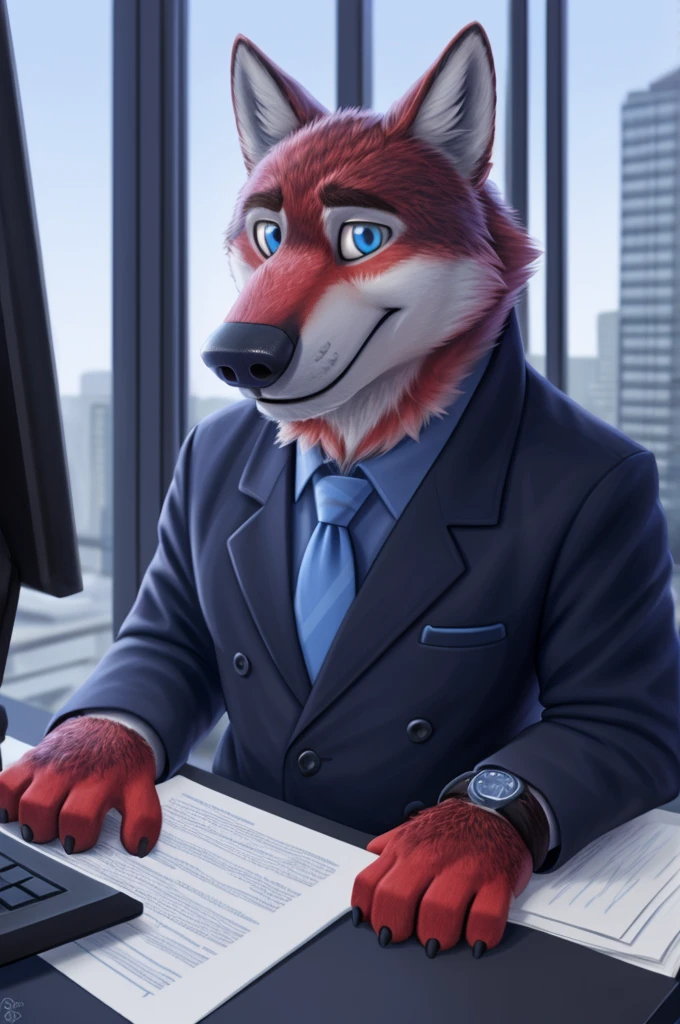 Ivan Fedorovich Wolfbach (Novosibirsk) ,Tall, handsome man, wolf,young, 24 years, brown fur,Kind,(red body:1.3),beautiful blue eyes,Novosibirsk,dressed, black jacket awards on jacket, shirt, tie, trousers, wolf, detailed fur, man ,paw pads, finger claws,per viewer, 5 fingers, paws, 5 fingers, smile, wrist watch, nextel, by xenoforge, (complex, high detail, digital photography, soft focus, RAW variety viewer, Very close to the camera) , variety, Novosibirsk, smile, good mood, positive, Very close to the camera, GOVERNOR, is sitting, at the computer, is sitting за компьютерным столом,cabinet, GOVERNORа, writes documents, to the city, GOVERNOR Novosibirskа, Journalists,
Photorealism, realism, digital style, Subsurface scattering, I look at the viewer, smdit writes a book, a glass of water, handle, paper,
masterpiece, Best quality, ultra realistic, 8 thousand.)