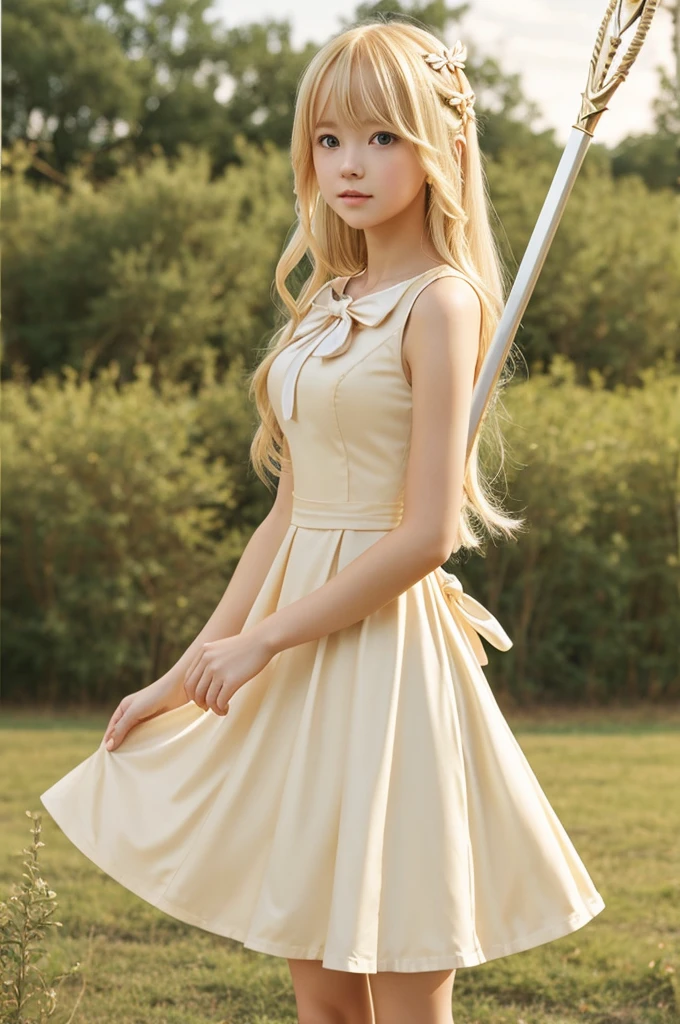 blonde anime girl, cream colored princess dress, bow and arrow, long hair length, below the knees dress length