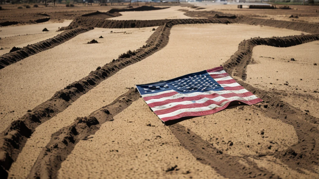 American flag with dust and mud 