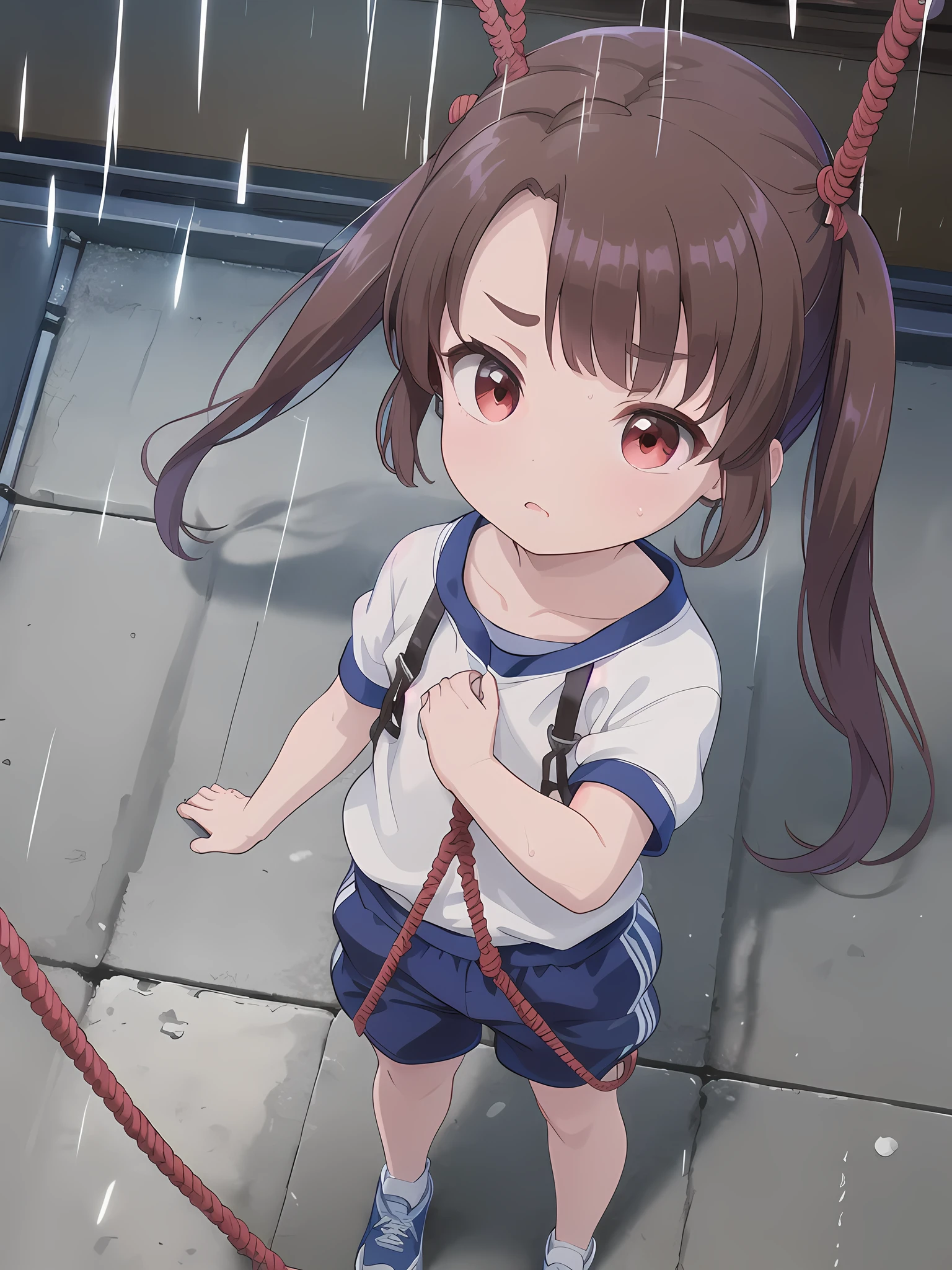 Outdoor,night,rain,Rope climbing to the roof,Raise your arms up,Holding a large brown rope,Hanging on to the rope,White gym clothes,A red full harness over the gym uniform,Red eyes,Long twin tails,Brown Hair,Eyebrows visible through hair,Flat Chest,Looking Up,A view from above,face focus, 