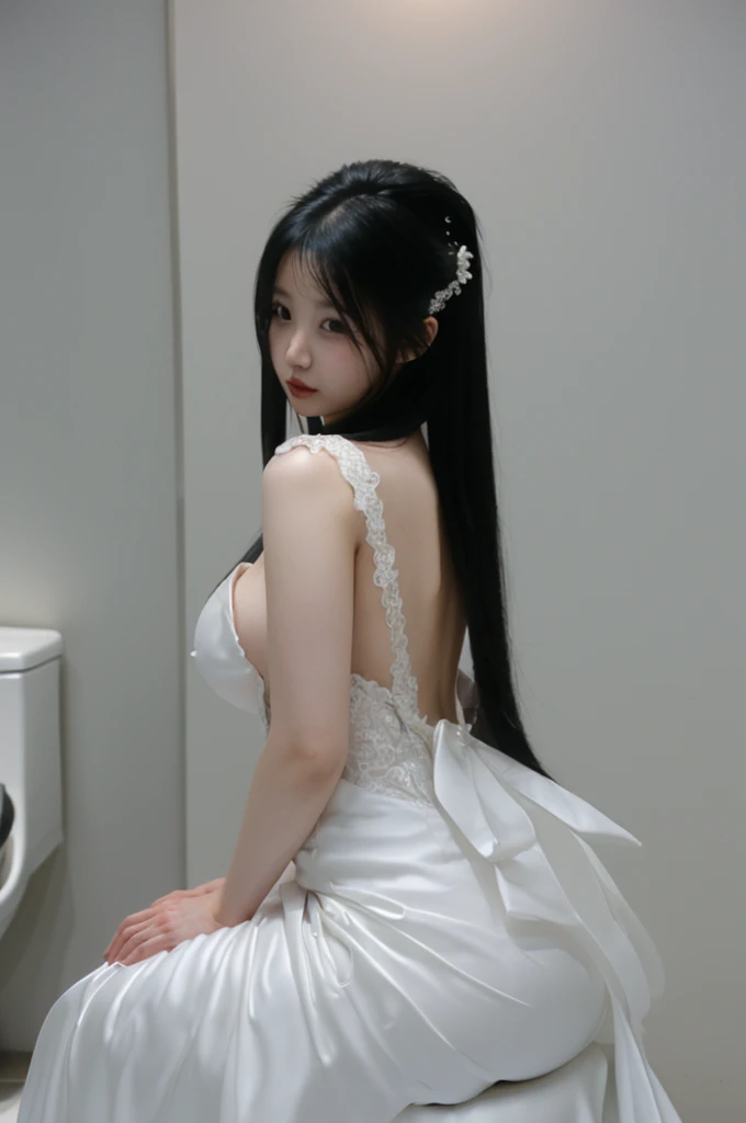 bride、Wearing a wedding dress、Super fat、Big Breasts、Big Ass、Super long straight black hair、Small private room、Sitting on the toilet