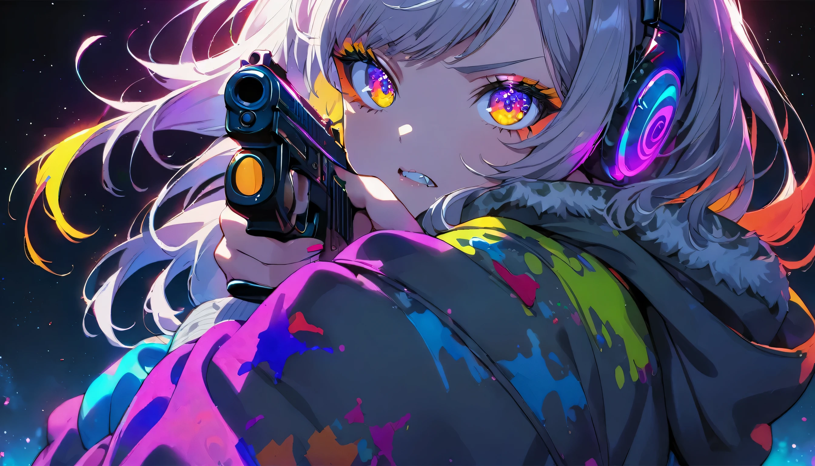 ((Masterpiece)), ((best quality)), (Anime:1.3), (super detail:1.2), (High Definition:1.3), (Professional Photography:1.3), cute young Girl, Glossy unruly hair, (loose swept bangs), (silver ash hair), medium hair, big eyes, (Eye bags:1.3), (Long eyelashes), colorful eyes, (a little angry), Glossy lips, (jagged teeth), ((Camouflage hoodie with oversized)), (holding a handgun:1.5), barearms, cute, neon lit, starry night, (upper body:1.5), (colorful:1.3), gothic makeup, wearing headphones, pointing a handgun, (from side),