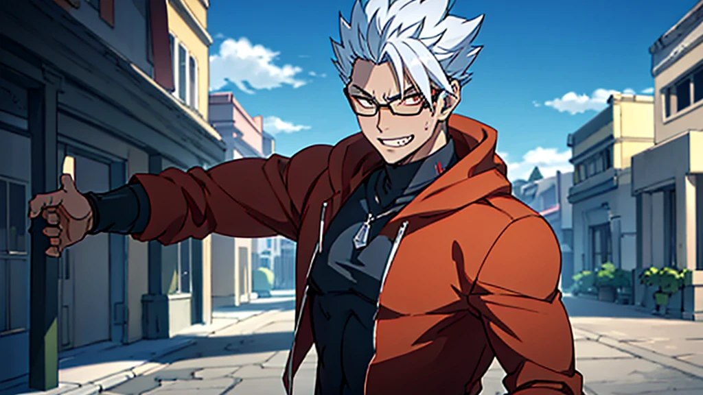 16K, High resolution, RTTX 10.0, Ray Tracing, Top quality masterpiece, Awards, Talked about at the art station, very beautiful, Perfect anatomy and highly detailed face, Glowing Eyes, Fine grain, Accurate drawing, Beautiful Hair, Detailed Background, Edgy, Back view of one person, Man in his late 20s, Well-groomed Mafia, Red hoodie and black pants, Warm, loose-fitting clothing, Rough youth fashion,Two blades in a sheath, A mercenary with two swords at his waist, A dual-wielding swordsman with his swords sheathed, Dystopian criminals, Yakuza with a scar on his face, Dark malicious smile, Squint your eyes and laugh, Tanned dark skin, White to silvery hair, Ponytail Hairstyles, thick black rimmed glasses, Cynical smile, Sarcastic mood, A gangster with a scar on his nose, A violent criminal with a horizontal scar across his face, Injured Villain, A horrific massacre, Collapsing Building, I have inner loneliness, Deep down, I feel like life is hard, Jealousy and envy towards successful people, The insight and resignation that come from hard work and failure, Perverse Desperation,