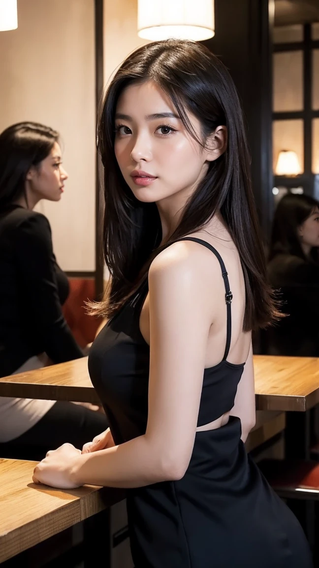 asiat brunette, eat at restaurant, looking at her left, black dress