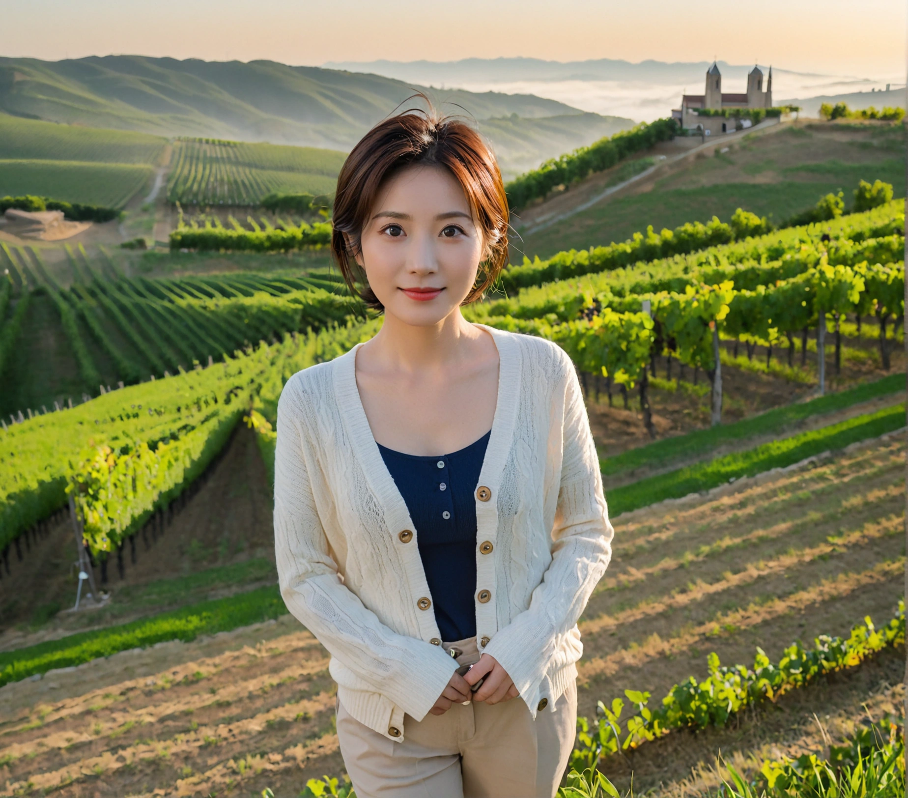 8k best picture quality, Beautiful 36-year-old Korean woman, You have good skin and big and pretty eyes... Chest size 34 inches, italian countryside, past the vineyard, The cathedral can be seen in the distance in the thick fog..., The background is realistic and vivid quality.., Short and medium hair blowing in the wind, I neatly wore a short cardigan over a knit that went up to my neck... beige casual pants, smile. the background is clear, Short and slim Korean woman, stand far away, Photo taken with a wide-angle lens, A woman with big and pretty eyes, eyes are round and big, Taken while standing on a hill overlooking a vineyard, The red light before the morning sun rises is soft., Full body photo taken with Canon Mark 5 camera 16-35 wide angle lens, On a hill overlooking a vineyard