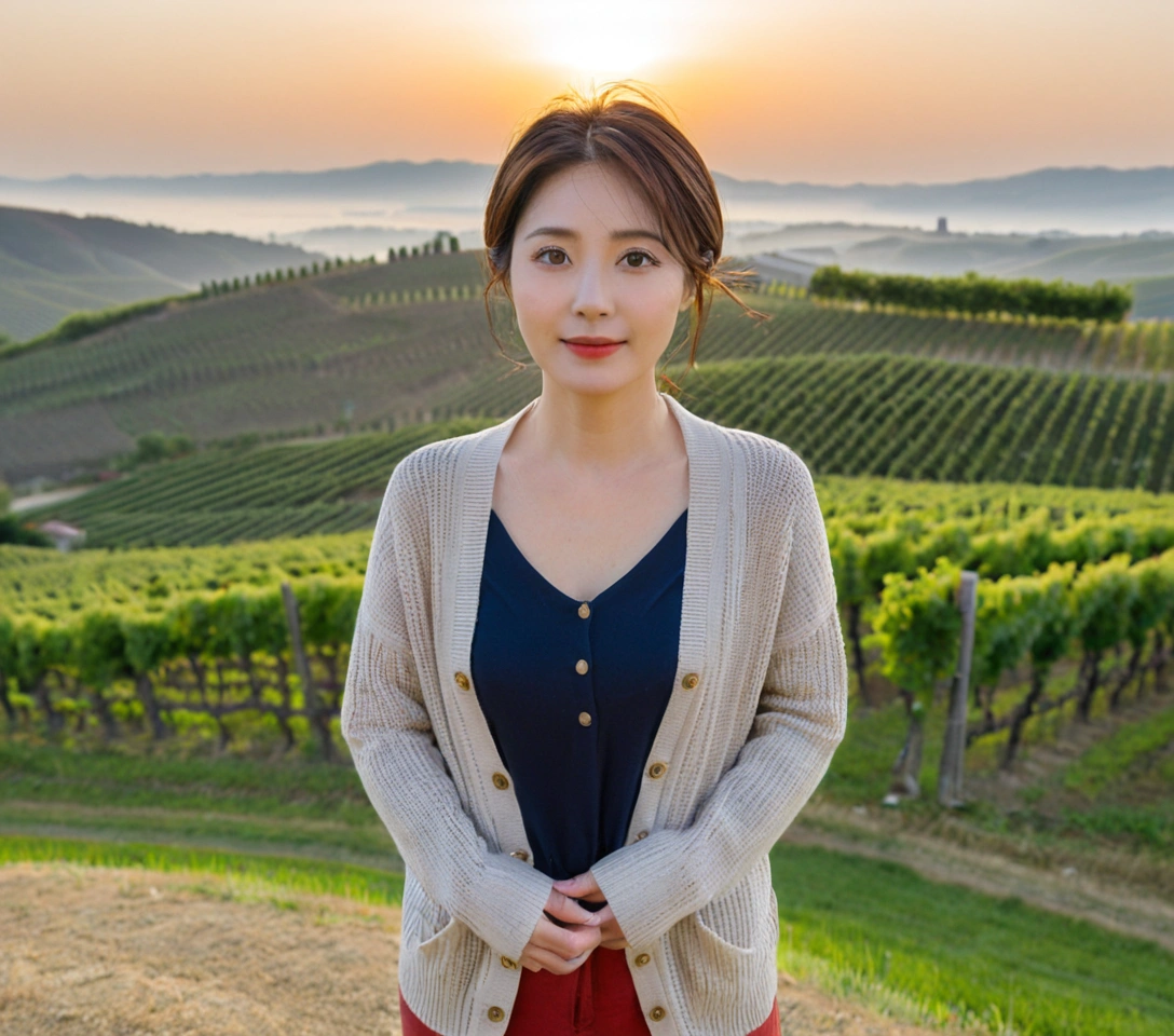 8k best picture quality, Beautiful 36-year-old Korean woman, You have good skin and big and pretty eyes... Chest size 34 inches, italian countryside, past the vineyard, The cathedral can be seen in the distance in the thick fog..., The background is realistic and vivid quality.., Short and medium hair blowing in the wind, I neatly wore a short cardigan over a knit that went up to my neck... beige casual pants, smile. the background is clear, Short and slim Korean woman, stand far away, Photo taken with a wide-angle lens, A woman with big and pretty eyes, eyes are round and big, Taken while standing on a hill overlooking a vineyard, The red light before the morning sun rises is soft., Full body photo taken with Canon Mark 5 camera 16-35 wide angle lens, On a hill overlooking a vineyard