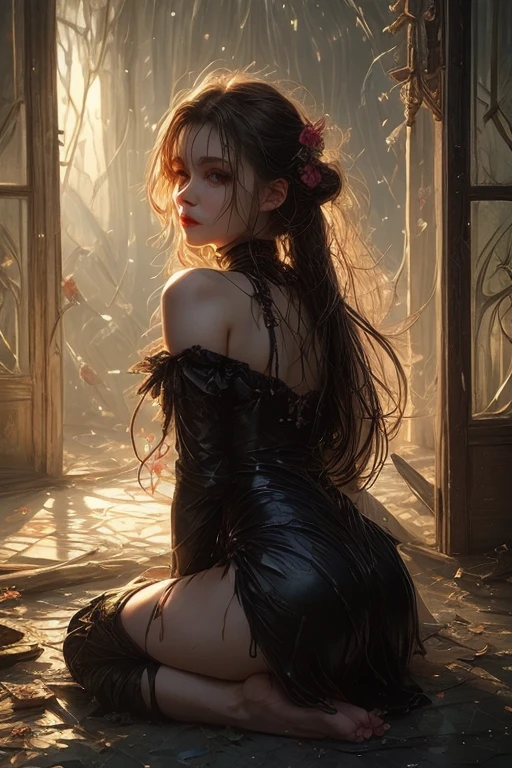 Big eyes、Black Room、Stained Glass Windows、Vase with roses、Lace curtains、夜中
The whole body is wet、An excited look、Dark Gothic Makeup、Dark Metal、Large margins、Patchy duplex、Long eyelashes、cute、
room made of stone girl、Gothic dress with collar、Knee-high socks、High resolutionの顔、Long eyelashes、Cinematic composition、(Highest quality)、4K、8K、High resolution、masterpiece:1.2)、Super fine、sitting、Bold Pose、Moisturized skin、Sweaty、barefoot、Trance、Embarrassing、Masochistic、Blushing、Embarrassed、Trance expression、look back、Protruding buttocks、Distorted facial expressions、Flowing Tears、Soaking wet。Twin tail hair、Chained: The moment the glass broke、Shards of glass fly off、A dramatic moment, look here、Raise the chin up、A little bit of blood dripping from the lips、
Gothic dress with panniers