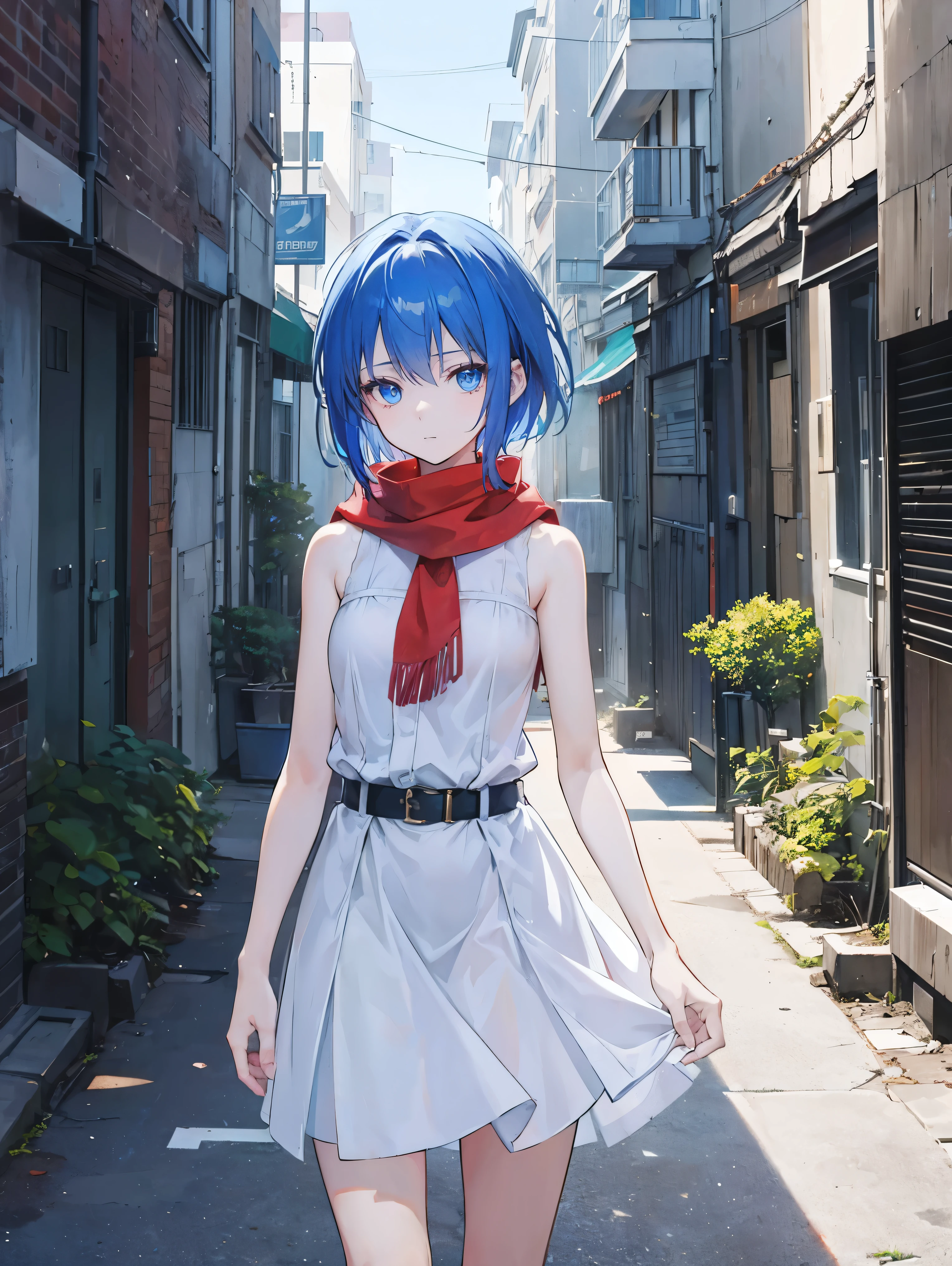 A young anime girl with short blue hair and blue eyes stands in an urban alleyway. She is wearing a white sleeveless dress that has a belt at the waist, and she has a large red scarf wrapped around her neck. The girl has a pensive and somewhat melancholic expression on her face. The alleyway is narrow and slightly run-down, with some debris and vegetation visible on the ground. The scene is lit by sunlight, casting shadows and creating a realistic atmosphere. The background includes some buildings and a few power lines, enhancing the urban setting