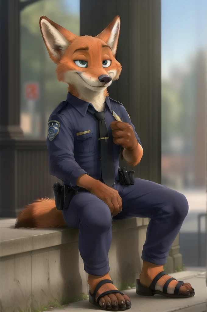 (energetic, by honovy, от zenthetiger, from Sausch), Nick Wilde, Female, Fox, alone, tie, safe, dressed, green eyes, Police uniform,brown heeled sandals,standing, city, Street, Tokyo, , day sitting,