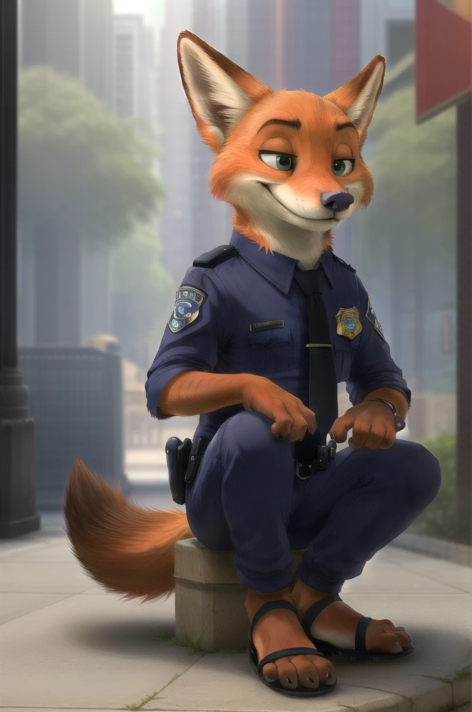 (energetic, by honovy, от zenthetiger, from Sausch), Nick Wilde, Female, Fox, alone, tie, safe, dressed, green eyes, Police uniform,brown heeled sandals,standing, city, Street, Tokyo, , day sitting,