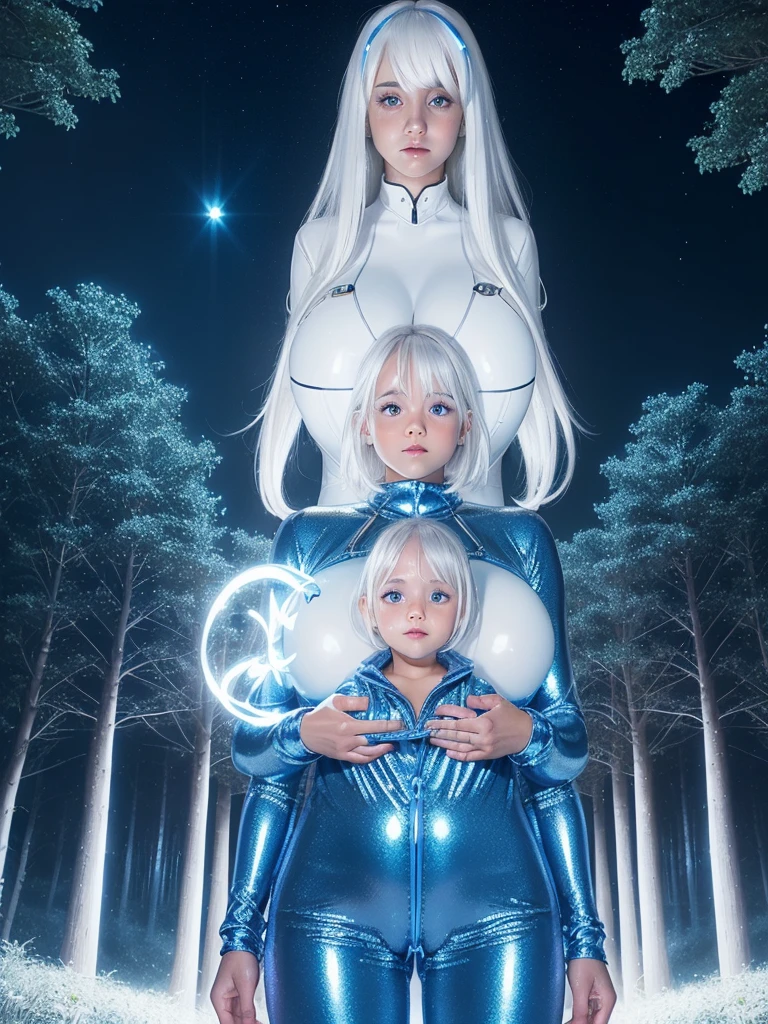(shiny white skin:1.4),(shiny girl with ramble gigantic breast:1.5),(cute face:1.2) , (white hair:1.2),(mysterious blue glowing trees at night :1.3) ,(metallic tight coverall:1.3),(bangs:1.2)