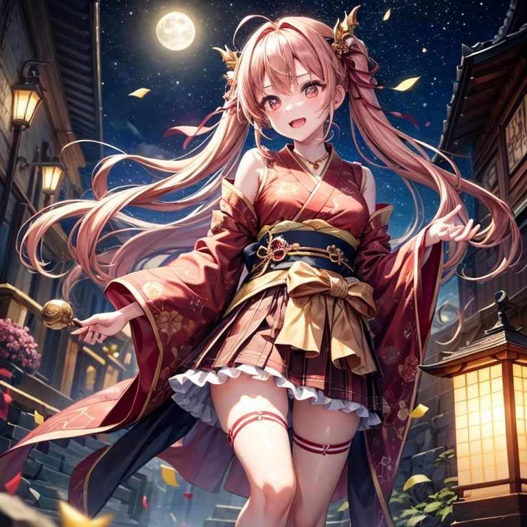 Pink, red, brown, gold, gold hair、Red gold eyes、Hair tied up、One good looking girl、solo、anime、Checkered mini skirt、Ruffles on the skirt、Checked dress、blouse、Kimono、Black knee-high socks、Ribbon、Ribbon on waist、Teeth are visible、Sparkly Necklace、From above、Cobblestones、waterfall、Starry Sky、Midnight Moon、suspension bridge、beam、Standing still、Transparent、Dragon flying、goddess、Edo、Confetti、Kicking、Ancient City、Arranging stones