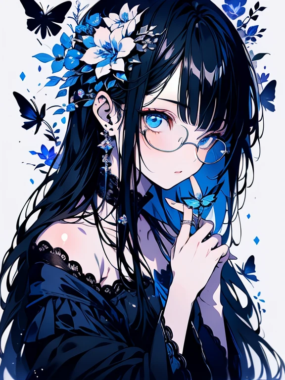 (masterpiece),(Highest quality:1.2),(8K Anime),1 Girl,Beautiful and delicate blue eyes,(Beautiful silky black hair:1.2), black dress with flowers,(Realistic),Detailed skin, Unfairly Beautiful,((Ink painting floral background)),White Theme,Cinema Lighting,Body Shot,High Contrast,Glasses