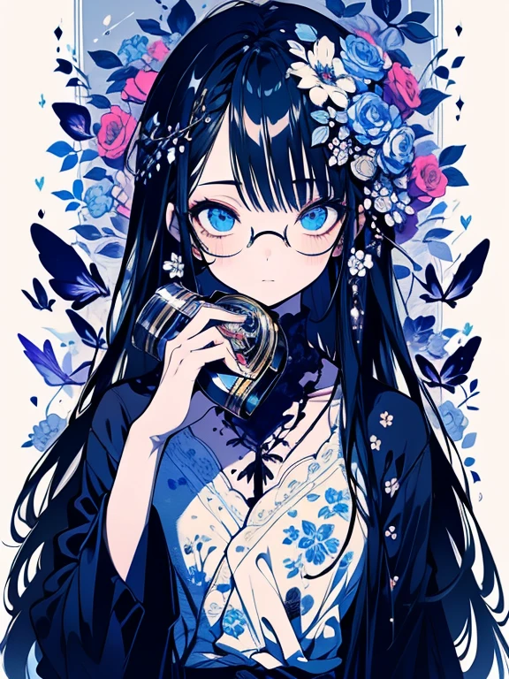 (masterpiece),(Highest quality:1.2),(8K Anime),1 Girl,Beautiful and delicate blue eyes,(Beautiful silky black hair:1.2), black dress with flowers,(Realistic),Detailed skin, Unfairly Beautiful,((Ink painting floral background)),White Theme,Cinema Lighting,Body Shot,High Contrast,Glasses