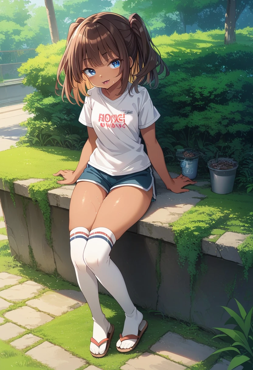 BREAK Perfect Anatomy、(High resolution:1.2)、Incredible illustrations、(Cute illustrations:1.2)、 ()(hip focus,) （Beautiful background（bushes in the park)) 1girl((brown hair,asymmetric bangs, tanned skin: 1.4,blue eyes,fang)1girl((a girl,slender 1.3meters, 25kg, (( T-shirt, hot pants,thigh-high socks, sandals),clothes lift shirt,(half undres  hot pants)))(heavy breathing:1.3 ,vulgarity ,pussy juice:1.2),Kneeling