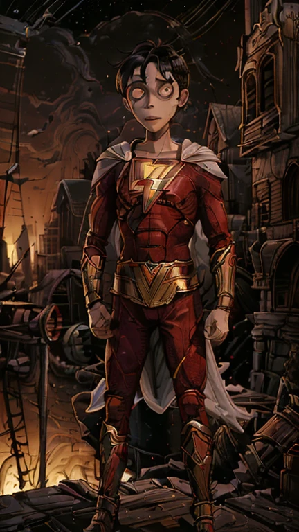 best quality,masterpiece,1boy,solo,(((13years old))),japanese boy,an extremely cute and handsome boy,highly detailed beautiful face and eyes,petit,cute face,lovely face,baby face,shy smile,show teeth, Black hair,Short hair,flat chest,skinny,slender,(((wearing a red Shazam costume,white cape))),(((standing in Dark Midnight TimBurton animation style metropolis city))),he is looking at the viewer,