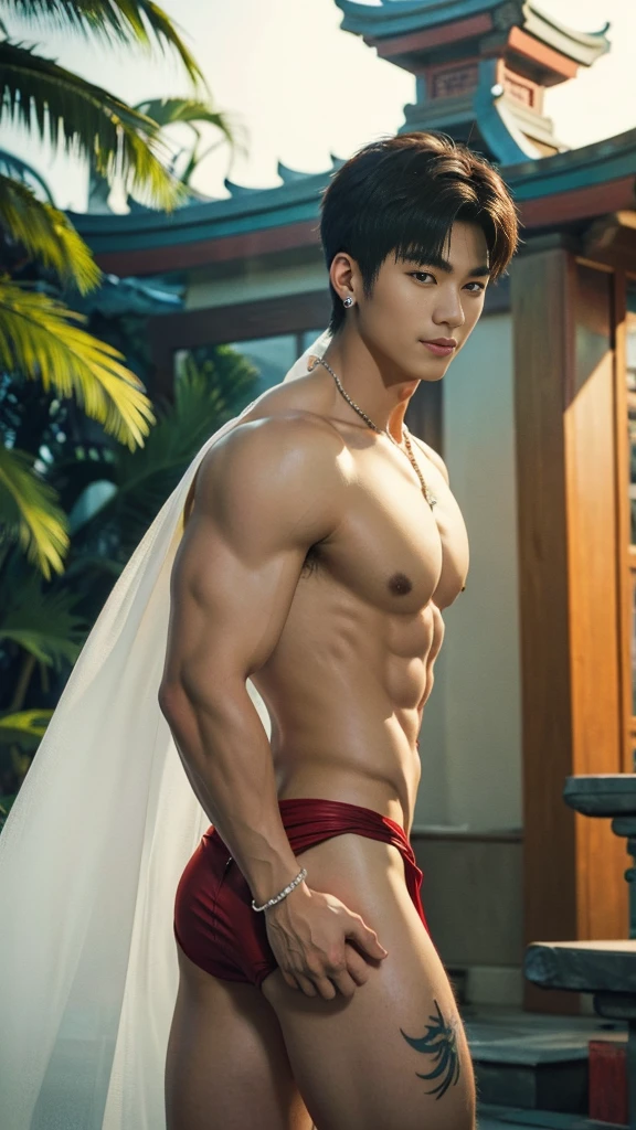 2 Handsome chinese guy kissing, smilling at each other, bare chest , show the abs, 20 years old,hug, cuddle, touching lips, skin ship, romantic, Asian, chinese hansome actor, kpop idol, handsome male model,manly, master work, best picture quality, higher quality, high detail, super high resolution, 8k resolution, perfect clear light,perfect eyes, perfect skin, manly jawline, manly chin, perfect hands, big chest muscles, bare chest, big juicy butts, tattoos chest, tattoo hands, tattoo legs, tattoo back, tattoo arms,earings, ancient pendents, braceles, glowing eyes, short hair, hair details, detailed background , open Hanfu transparent (see throught), skinny short,super sexy loincloth, detailed perfect abs, Chinese garden background, Chinese kung fu,skinny dragon-themed costumes, spinning floating particles, chinese temple in background,