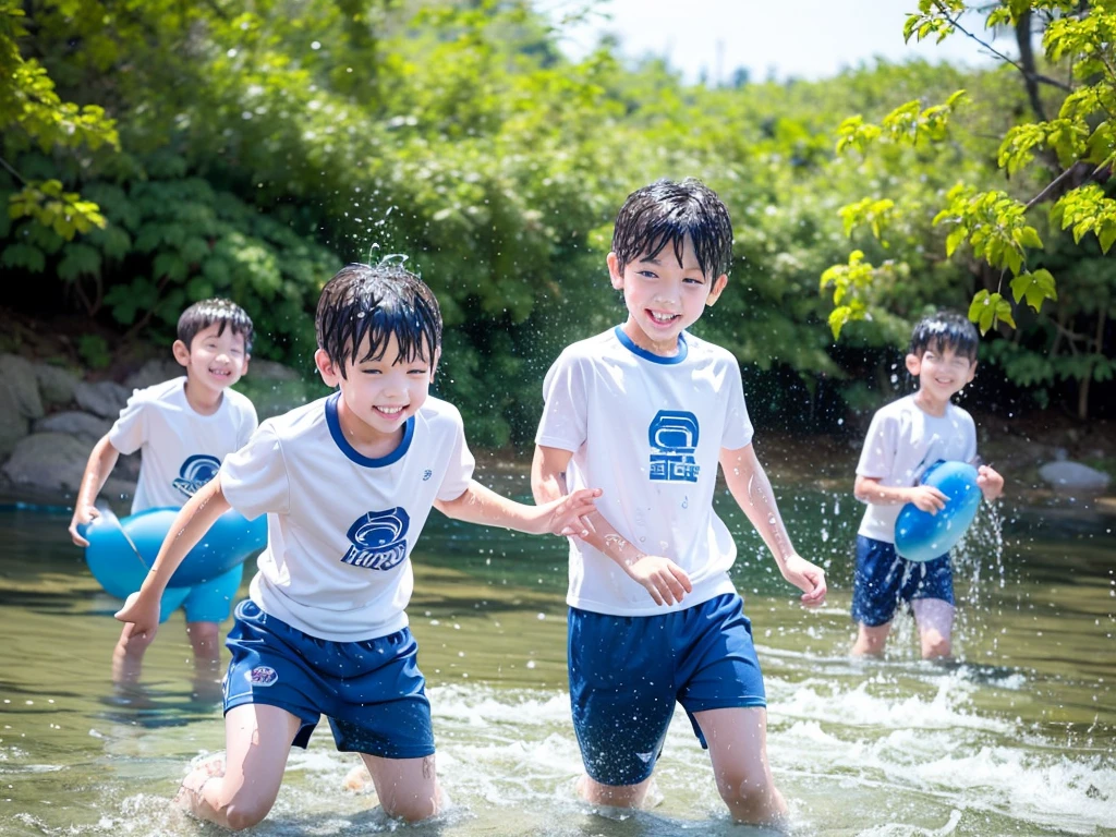 In the forest、Swimming in the river、Cool and refreshing water、e eleYear old boy、Boy in gym clothes、The bottom of the white T-shirt is blue、Blue shorts、The boys are playing、Get wet all over、Noisy boys、Splashing Water、Japanese、(Boy 1.4)