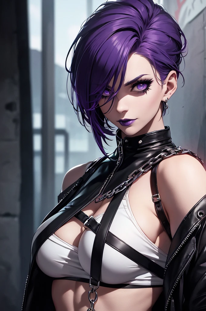 a punk girl, student, hooligan, short messy white hair, purple eyes, black punk clothes, punk, chains, black sleeveless top, baggy black pants, sadistic smile, aggressive, dark purple lipstick, thug, (best quality,4k,8k,highres,masterpiece:1.2),ultra-detailed,(realistic,photorealistic,photo-realistic:1.37),cinematic lighting,dramatic shadows,gothic,dark fantasy,moody,dramatic, leather jacket hanging from the shoulders pumped up muscles