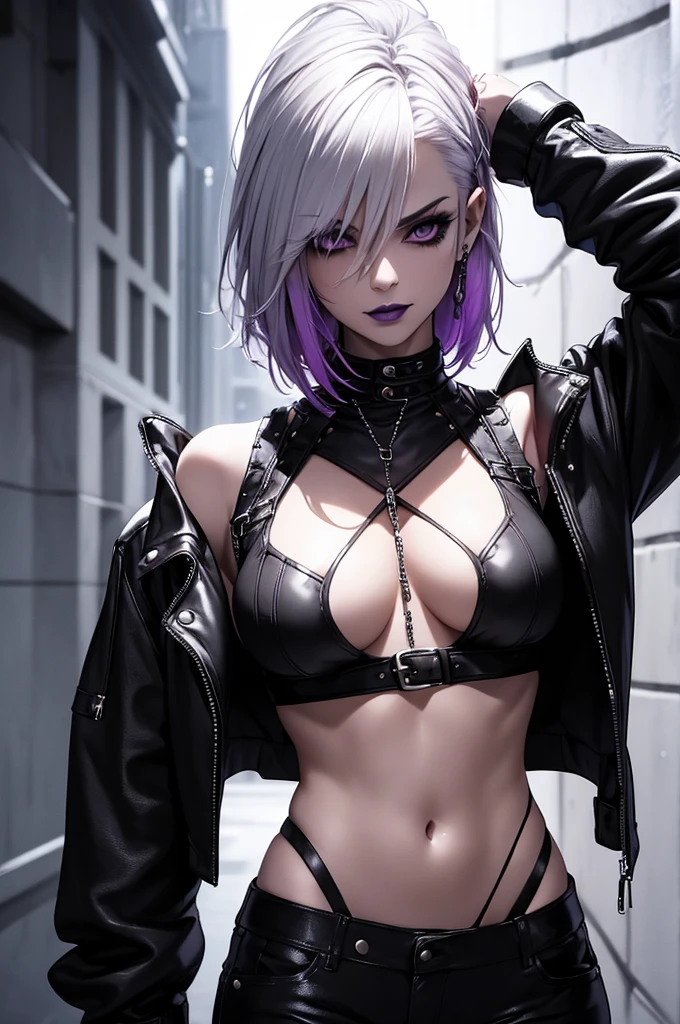 a punk girl, student, hooligan, short messy white hair, purple eyes, black punk clothes, punk, chains, black sleeveless top, baggy black pants, sadistic smile, aggressive, dark purple lipstick, thug, (best quality,4k,8k,highres,masterpiece:1.2),ultra-detailed,(realistic,photorealistic,photo-realistic:1.37),cinematic lighting,dramatic shadows,gothic,dark fantasy,moody,dramatic, leather jacket hanging from the shoulders pumped up muscles