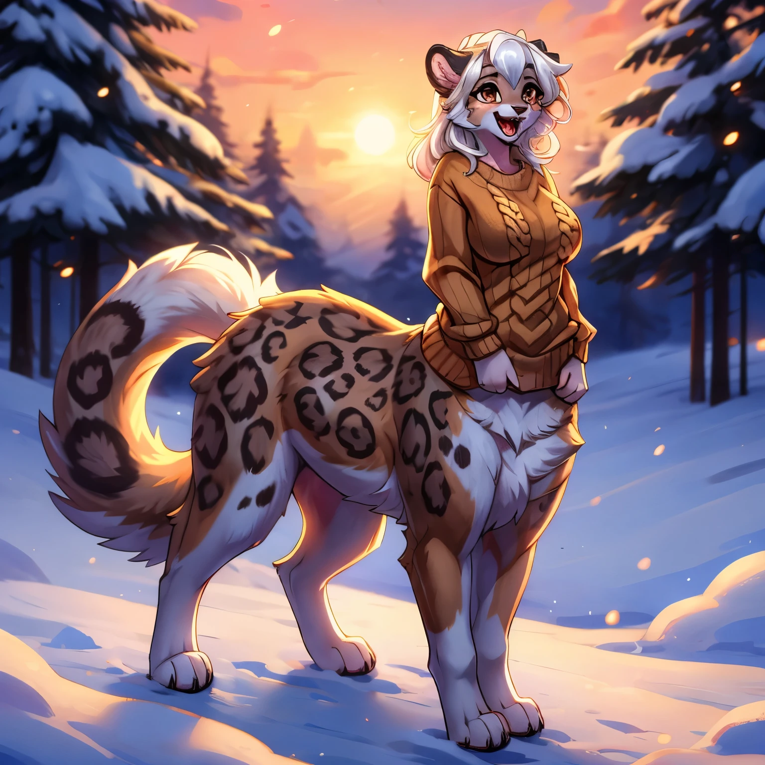 (1girl), furry, fursona, orange fur, puppy, anthropomorphic snow leopard, anthro snow leopard, (full body), 4k, 8k, 16k, highres, masterpiece, best quality, highres, ((outside)), (((puppy taur))), (((taur))), medium breasts, (((standing))), cute, (white hair), (((orange sweater))), brown eyes, open mouth