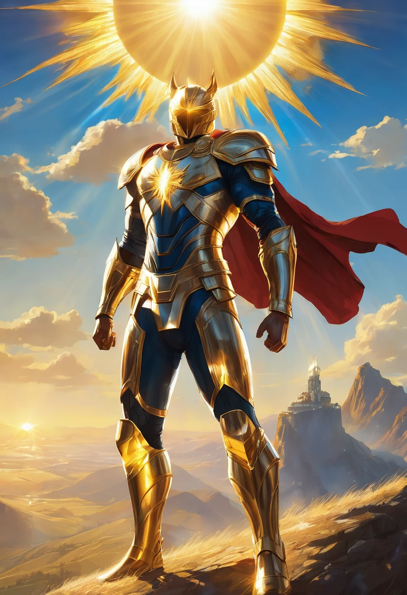 A superhero radiating with the power of the sun, their armor glowing with golden light. They stand atop a hill, with the sun blazing behind them in a clear blue sky. Their eyes are fierce, and their outstretched hands command rays of sunlight, creating a dramatic and powerful aura