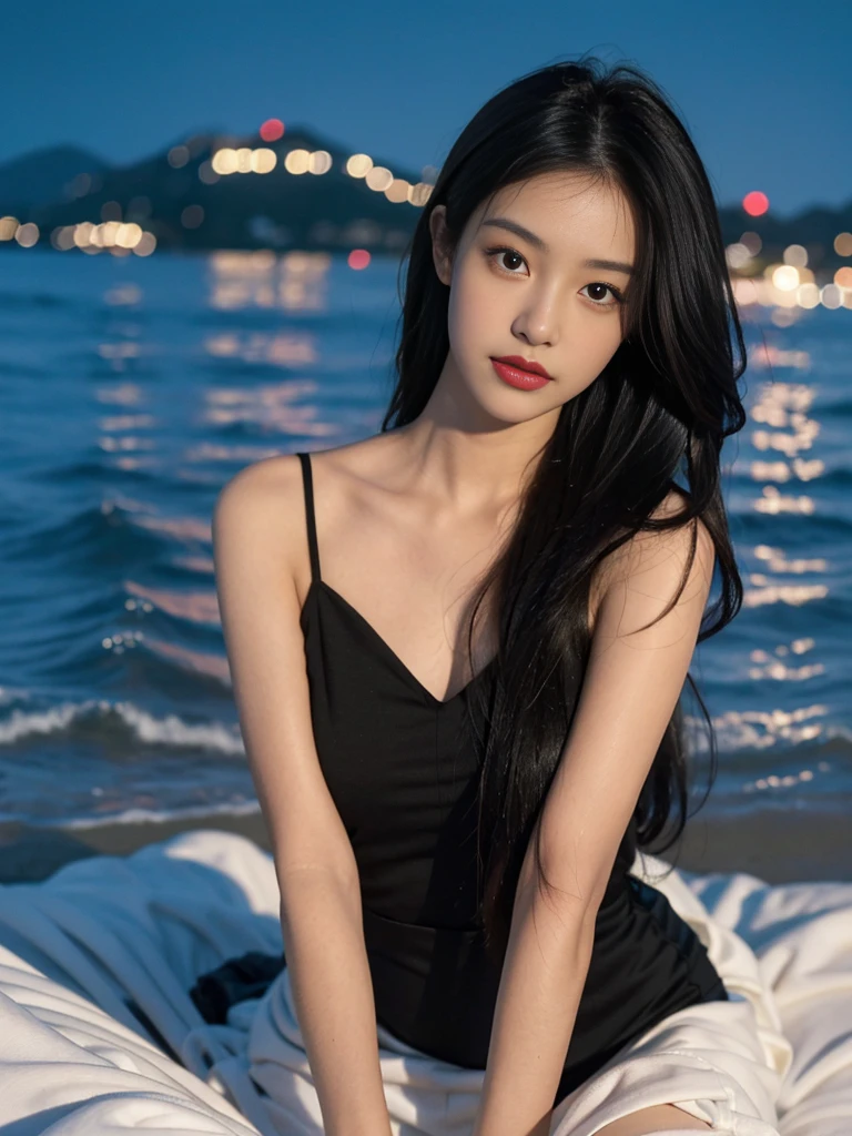 towards the camera，put a face to the viewer，stand on all fours，High image quality，works of masters，daughter，black hair，long hair shawl，long hair flowing over shoulders，cropped shoulder，clavicle，exquisite face，moist red lips，white dress，clavicle，towards the camera，Single photo，hosiery，sad expression，bust，real person，（ocean，sandy beach），CG rendering，16,000，lying in bed，Put your hands behind your head.，look into the camera，The night scenery was beautiful, farewell，hyper hd，The details were perfect，the picture is real，Extreme picture quality，Highest accuracy，8K 해상도，shade of darkness，8K, yes ,Ultra HD,8K