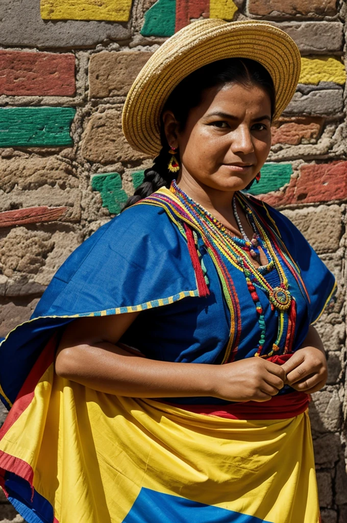 Generate an image that has the Colombian flag in the background and in turn is set in the folklore of the Colombian Andean region