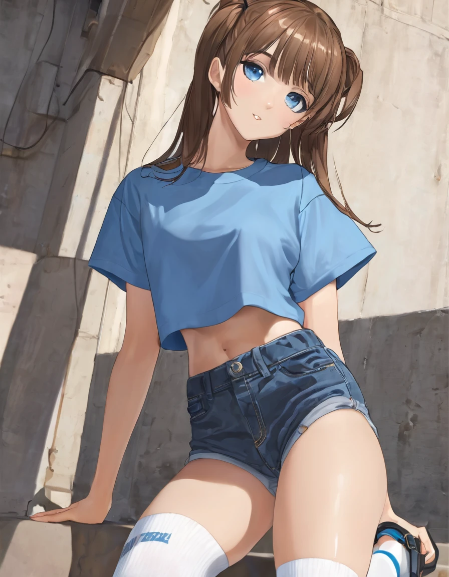 BREAK Perfect Anatomy、(High resolution:1.2)、Incredible illustrations、(Cute illustrations:1.2)、 (nsfw)(hip focus,from side ) （Beautiful background（breakwater,morning sun）) 1girl((brown hair,asymmetric bangs,twin tails, tanned skin: 1.3,blue eyes,fang)1girl((a girl,slender 1.7meters, 45kg, (( T-shirt, hot pants,thigh-high socks, sandals),,cameltoe,)clothes lift T-shirt)looking afar,open stance,beautiful ass,Kneeling