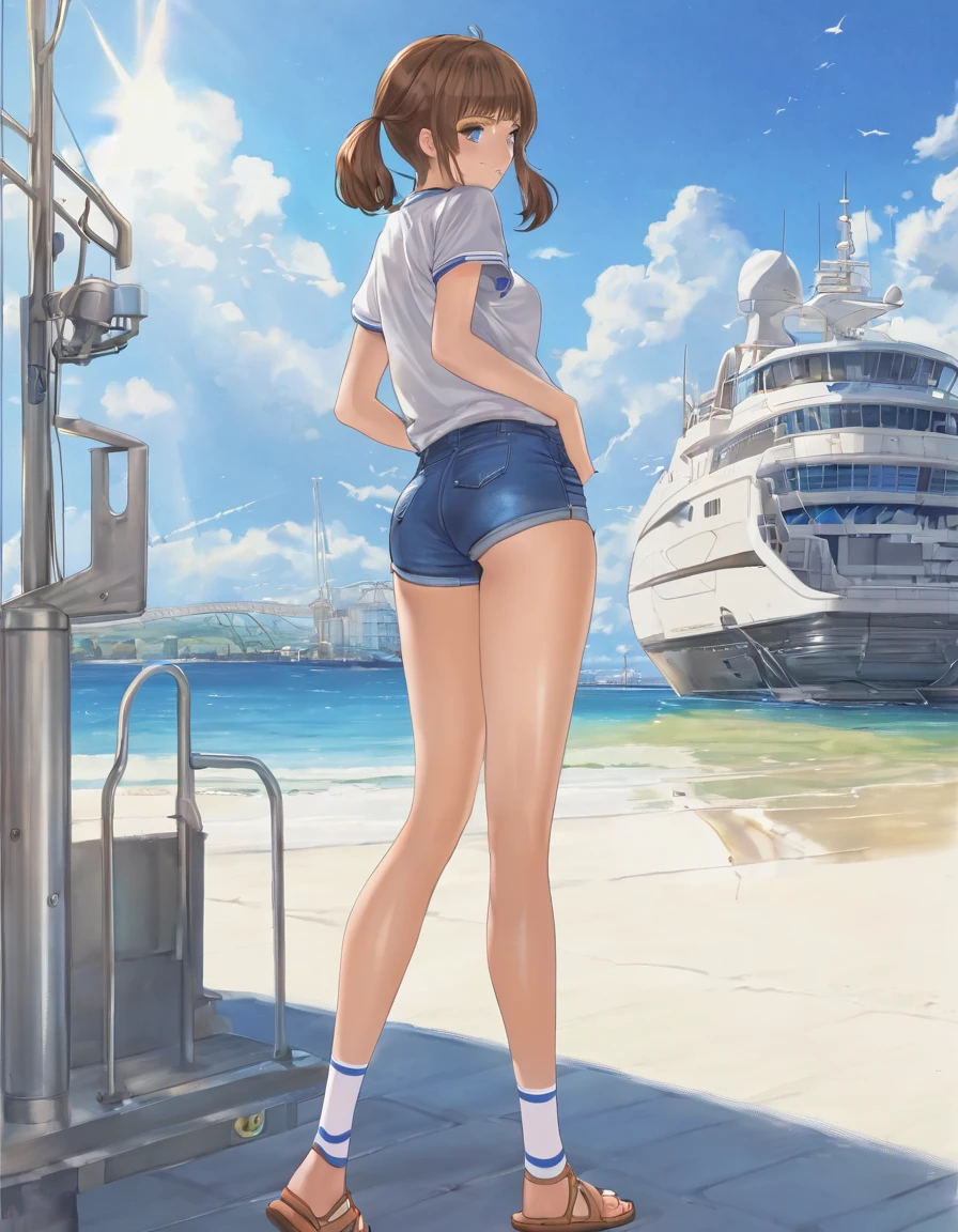 BREAK Perfect Anatomy、(High resolution:1.2)、Incredible illustrations、(Cute illustrations:1.2)、 (nsfw)(hip focus,from side ) (Beautiful background(breakwater,morning sun)) 1girl((brown hair,asymmetric bangs,twin tails, tanned skin: 1.3,blue eyes,fang)1girl((a girl,slender 1.7meters, 45kg, (( T-shirt, hot pants,thigh-high socks, sandals),,cameltoe,)clothes lift T-shirt)looking afar,open stance,beautiful ass,Kneeling