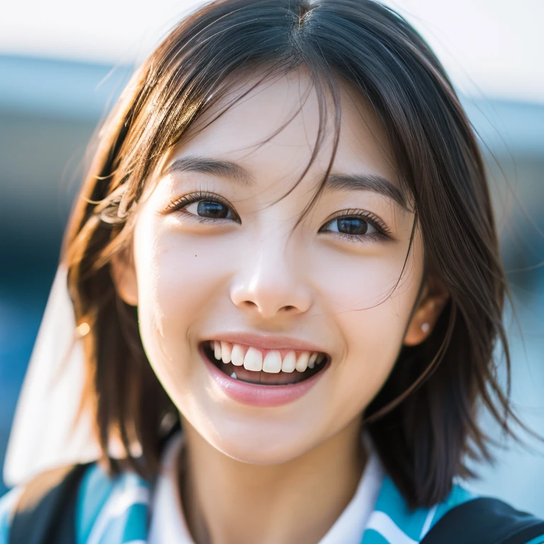 ((Highest quality)), ((masterpiece)), (detailed), One person(Highest quality, 8K, 32k, masterpiece, Ultra-high resolution:1.2),Beautiful Japanese Women Photos、Group of 2、healthy、Glowing Skin, Shallow depth of field、Contrasting、Professional Model、looking forward to it、Overbyte、mouth half open、blush:2.5、Random hairstyles for short hair、Black Hair、Face close-up、Portraiture、Teeth are visible、Big Mouth、Droopy eyes、Round face、Multiple moles、Fair skin、Active 24 year old、Brown eyes、Big smile、Cabin attendant、Cabin attendantの制服を着る、Airplane reflected