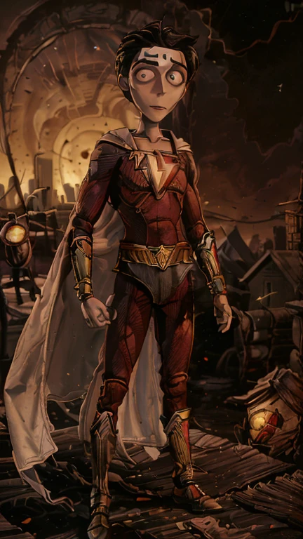 best quality,masterpiece,1boy,solo,(((13years old))),japanese boy,an extremely cute and handsome boy,highly detailed beautiful face and eyes,petit,cute face,lovely face,baby face,shy smile,show teeth, Black hair,Short hair,flat chest,skinny,slender,(((wearing a red Shazam costume,white cape))),(((standing in Dark Midnight TimBurton animation style metropolis city))),he is looking at the viewer,