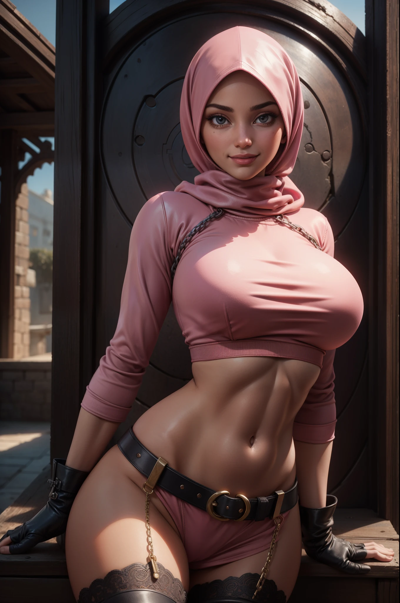 Dee768, wide shot, smile, hijab, big breasts all covered, turtleneck, leather pink tshirt and gloves, open belly, chain around belly, Tangier, backyard of luxury house , detailed eyes, photography, trending on artstation, sharpness, studio photography, intricate details, highly detailed, luxury backyard in background, by Greg Rutkowski
