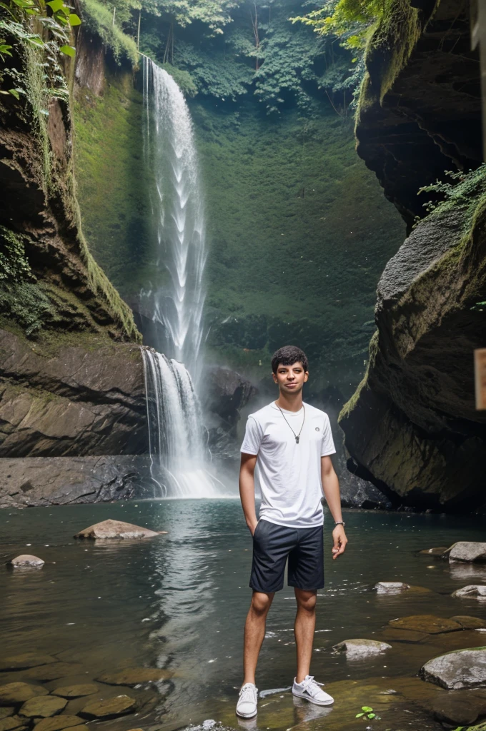 a young Thai- 14 years old,boy smiling, comma hair, sharp eyes, short body 140 cm.,Walking down the street  ,Wear white wet  slim underwear, thai Bangkok teenage boy,  in Thai forest waterfall ,Korean skinny fat boy, tree, sunlight, many tourists 