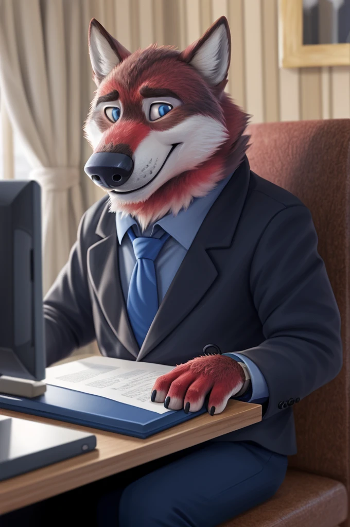 Ivan Fedorovich Wolfbach (Novosibirsk) ,Tall, handsome man, wolf,young, 24 years, brown fur,Kind,(red body:1.3),beautiful blue eyes,Novosibirsk,dressed, black jacket awards on jacket, shirt, Red tie, trousers, wolf, detailed fur, man ,paw pads, finger claws,per viewer, 5 fingers, paws, 5 fingers, smile, wrist watch, nextel, by xenoforge, (complex, high detail, digital photography, soft focus, RAW variety viewer, Very close to the camera) , variety, Novosibirsk, smile, good mood, positive, Very close to the camera, GOVERNOR, is sitting, at the computer, is sitting за компьютерным столом,cabinet, GOVERNORа, writes documents, to the city, GOVERNOR Novosibirskа, Journalists, вид to the city, 
Photorealism, realism, digital style, Subsurface scattering, I look at the viewer, smdit writes a book, a glass of water, handle, paper, 
masterpiece, Best quality, ultra realistic, 8 thousand.)