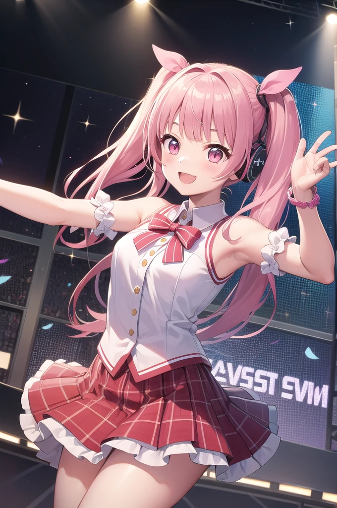 ((masterpiece、Highest quality))1 Girl、Lori、Loriコン、っぽい、cute、cute、My Favorite 、solo、Idol、Pink Skirt、Pink Hair、Twin tails、Pink eyes、Pleated skirt、smile、smile、dance、sing、Line of sight、Sparkling、Red cheeks、Vocalist、 cuteポーズ、Loud cheers、Surrounded by music