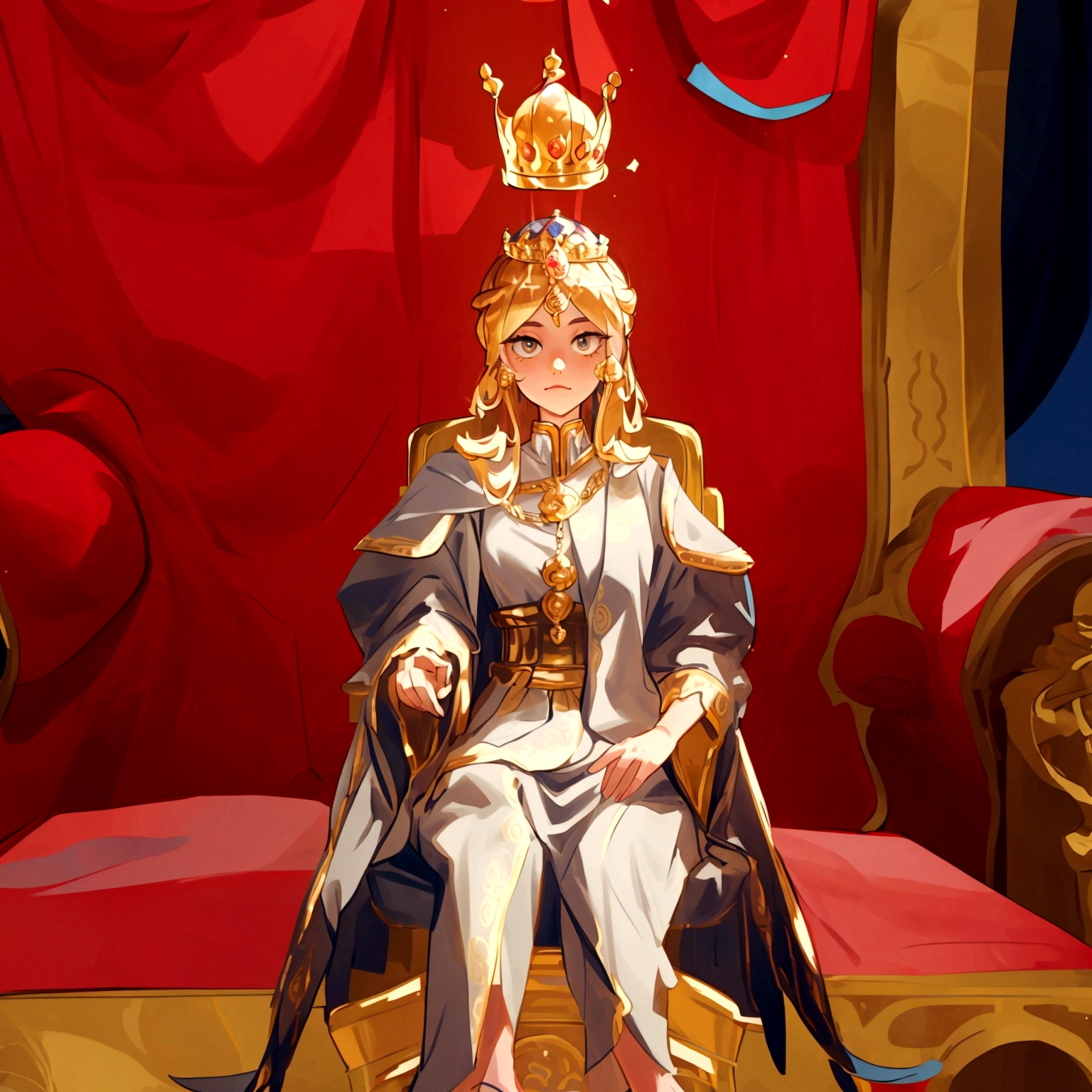 there is a woman sitting on a throne with a crown on her head, sitting in a gilded throne, sitting on intricate throne, perched on intricate throne, sitting on her throne, sitting on throne, sitting on a throne, sitting on golden throne, sitting on an ornate throne, wears a light grey crown, on her throne, sitting on an royal throne