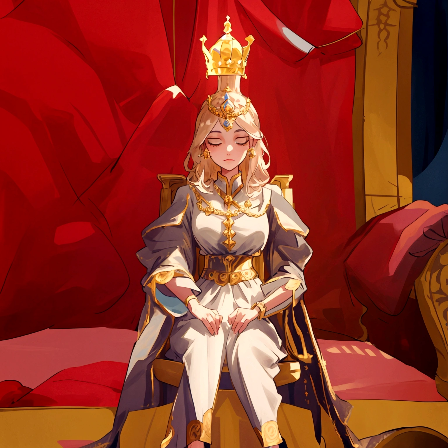 there is a woman sitting on a throne with a crown on her head, sitting in a gilded throne, sitting on intricate throne, perched on intricate throne, sitting on her throne, sitting on throne, sitting on a throne, sitting on golden throne, sitting on an ornate throne, wears a light grey crown, on her throne, sitting on an royal throne