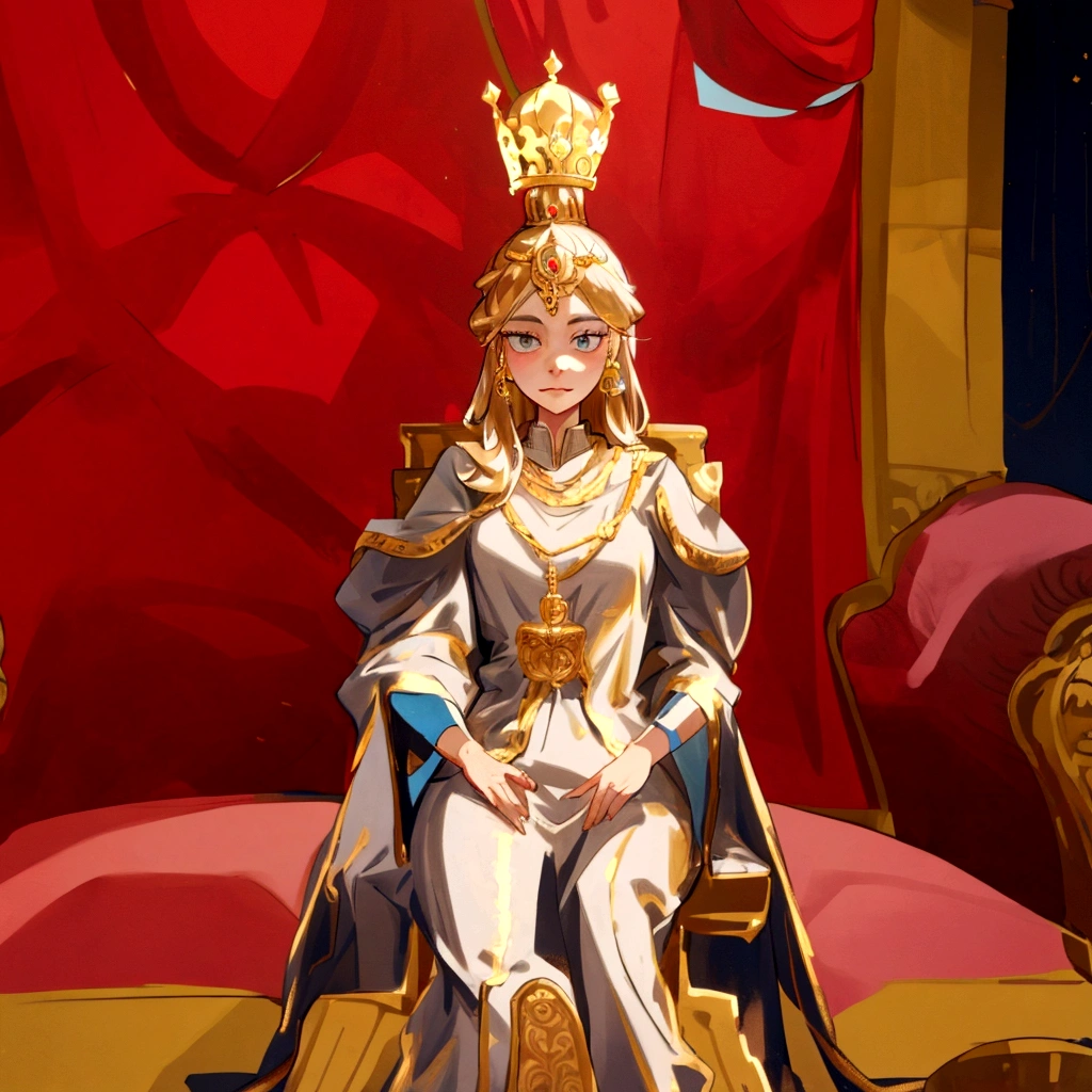 there is a woman sitting on a throne with a crown on her head, sitting in a gilded throne, sitting on intricate throne, perched on intricate throne, sitting on her throne, sitting on throne, sitting on a throne, sitting on golden throne, sitting on an ornate throne, wears a light grey crown, on her throne, sitting on an royal throne