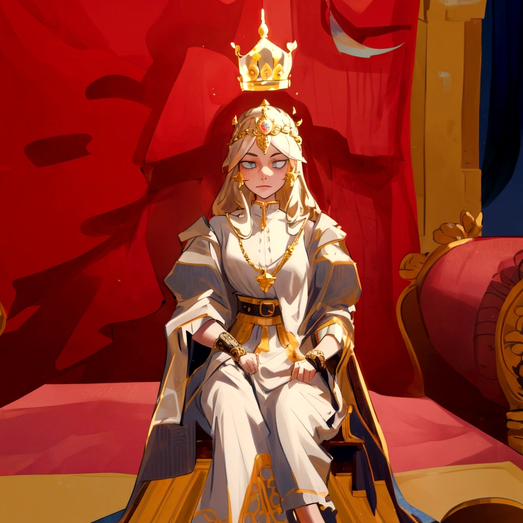 there is a woman sitting on a throne with a crown on her head, sitting in a gilded throne, sitting on intricate throne, perched on intricate throne, sitting on her throne, sitting on throne, sitting on a throne, sitting on golden throne, sitting on an ornate throne, wears a light grey crown, on her throne, sitting on an royal throne