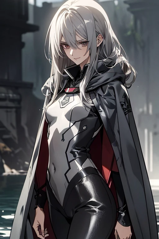 (Confused, High resolution, Very detailed), 1 female, Silver Hair,Long Hair,Reddish brown eyes,Black and white loose pilot suit,24th generation,beauty,mature,thin,quiet,Calm,A small smile,Long Cape,Slender and thin,,skinny pants,Sea at dawn,Small breasts,thin body,Are thin