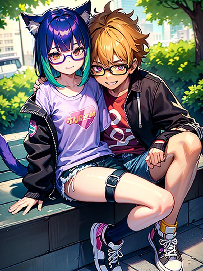1boy, cat boy, (cat tail, two tails, blue taiks, fluffy tail, long tail), solo, short hair, curly hair, brown hair, long bangs, multicolored bangs, (brown hair, green hair, blue hair, purple hair, red hair, pink hair, blonde bangs), multicolored eyes, (red eyes, yellow eyes), simple shirt, purple shirt, heart shirt, denim jacket, open jacket, denim shorts, sneakers, candy stickers on jacket, holfing a drawing of a green hair girl with glasses smilling, looking at viewer, cute, innocent, cheerful, happy, masterpiece, best quality, city, puffy clouds, from above, looking at viewer, sitting on a park bench under a tree,